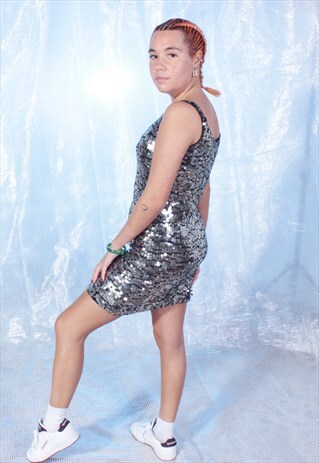 VINTAGE BLACK AND SILVER SEQUINED STRAPPY DRESS