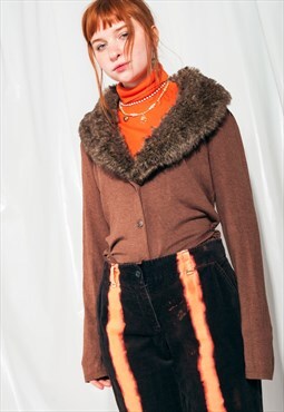Vintage Cardigan Y2K Faux Fur Long Sleeve Top in Brown