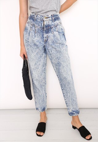 VINTAGE BLUE ACID WASH DENIM HIGH WAISTED MOM JEANS