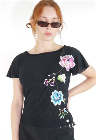 VINTAGE 90S Y2K MESH OVERLAY BLACK FLORAL TOP