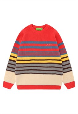 Striped sweater knitted 70s jumper retro pattern top in red
