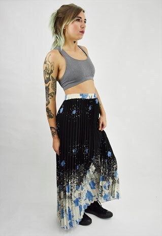 VINTAGE 90S PLEATED MAXI SKIRT W/FALLING FLOWERS PRINT
