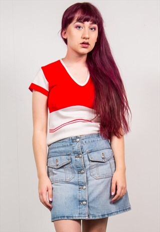 VINTAGE 70'S RED & WHITE STRIPED KNIT V-NECK TOP