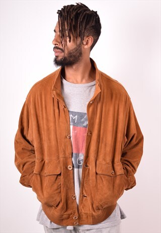 MENS VINTAGE SUEDE BOMBER JACKET XL BROWN 90S