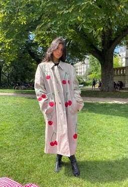 Bowsdontcry trench coat with cherries and bows