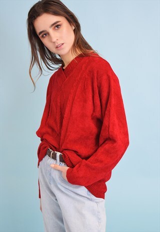 90'S RETRO RED KNITTED VELVETEEN JUMPER TOP