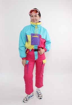 90s multicolor one piece ski suit, vintage pink snowsuit