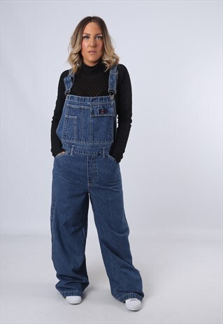 DENIM DUNGAREES WIDE STRAIGHT LEGS TALL LENGTH UK 14 (DK5M)