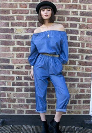 OFF-THE-SHOULDER DENIM JUMPSUIT