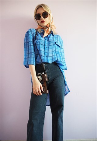 VINTAGE 90'S PLAID OVERSIZE SHEER LONG SHIRT BLOUSE IN BLUE