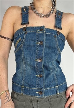 Vintage Y2k Waistcoat Denim Top Vest Button Up Overalls 90s