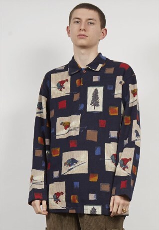 VINTAGE 80'S SKI PRINT POLO SWEATSHIRT