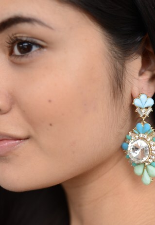GLAMZAM NEW TURQUOISE GREEN DIAMANTE CHANDELIER EARRINGS
