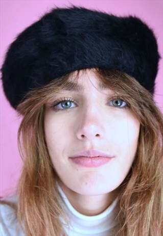 VINTAGE 90S BERET FAUX FUR HAT BLACK