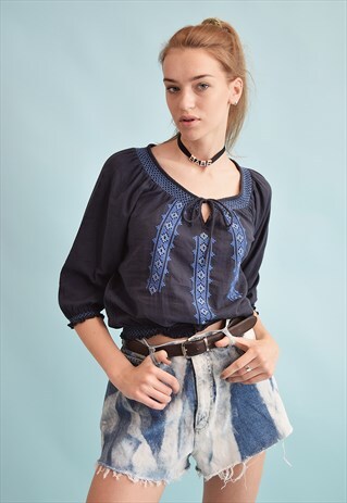 90'S RETRO BOHO FESTIVAL EMBROIDERY NAVY BLUE TOP BLOUSE