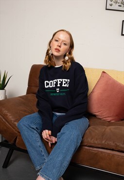 ROR Navy 'Coffee Definitely Helps' Slogan Varsity Sweatshirt