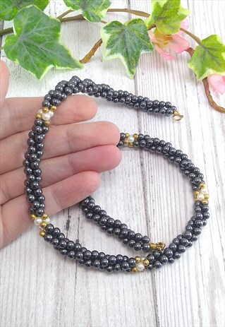 VINTAGE 1990S HEMATITE & SIMULATED PEARL ROPE TWIST NECKLACE