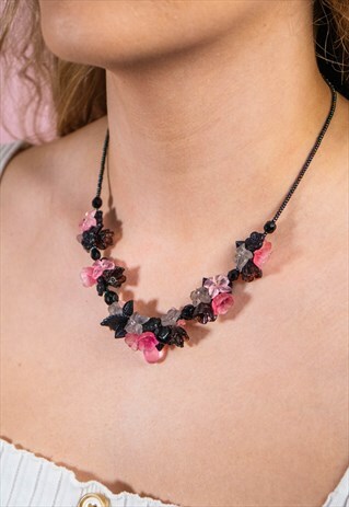 VINTAGE BLACK & PINK FLORAL NECKLACE