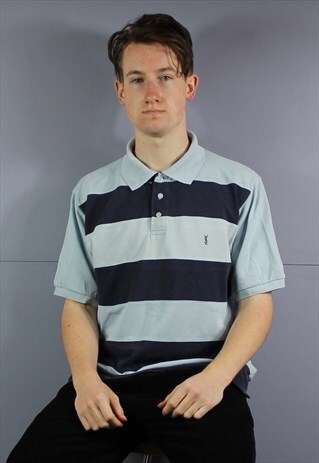 VINTAGE YSL POLO SHIRT IN BLUE AND NAVY STRIPES. WITH EMBROI