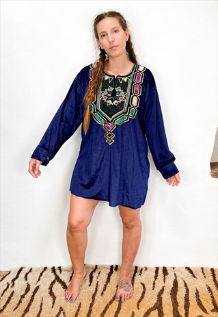 VINTAGE 70'S BLUE EMBROIDERED MINI TUNIC DRESS
