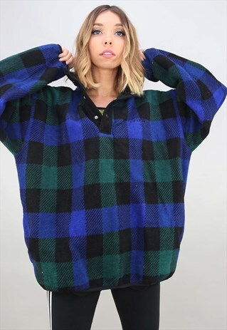 VINTAGE 90S OVERSIZED 1/4 BUTTON IZOD CHECK FLEECE