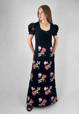 70's Vintage Fink Model Black Crepe Lurex Floral Maxi Dress 