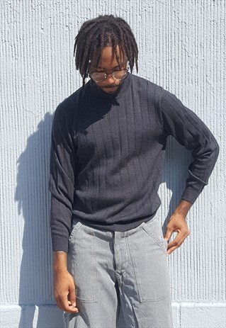 90S MINIMALIST DARK GREY RIBBED WOOL MOCK NECK SWEATER