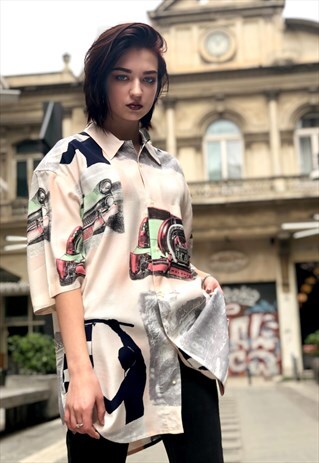VINTAGE 80'S MULTICOLOR PRINTED SHORT SLEEVE SHIRT FESTIVAL