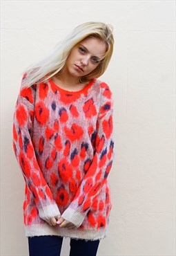 Knitted Jumper in Red and Blue Leopard Print