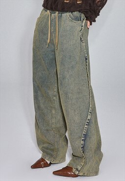 Asymmetric jeans rib finish denim pants vintage wash trouser