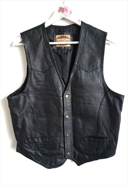 Vintage Black Genuine Leather Vest Biker Rocker Top Classic