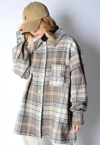 VINTAGE 90S BEIGE CHECK THICK WOOL BLEND SHIRT