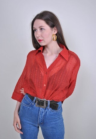 90S RED TRANSPARENT BLOUSE, VINTAGE SEXY EVENING TOP, SIZE L