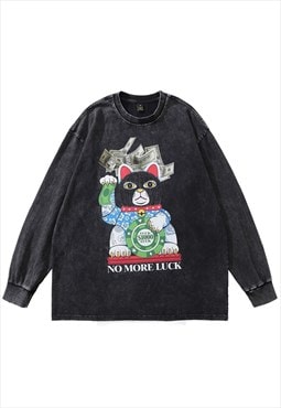 Maneki Neko t-shirt vintage wash top lucky charm long tee