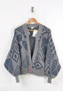 Vintage Knitted Cardigan 80s Pattern Wool Grey/Blue Ladies S