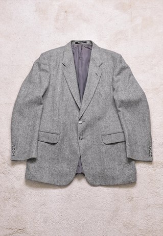 VINTAGE 80S ST MICHAEL GREY WOOL HERRINGBONE BLAZER JACKET