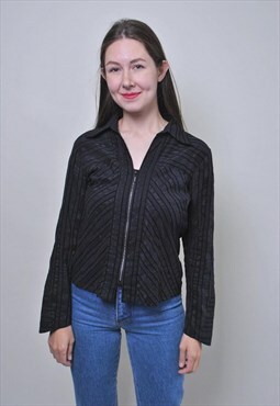 Vintage black ribbed zipped up blouse 