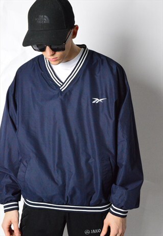 VINTAGE 90S NAVY BLUE MINIMALIST V-NECK WINDBREAKER JACKET
