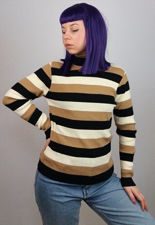 VINTAGE 90'S RIBBED KNIT STRIPED TURTLENECK JUMPER / SWEATER