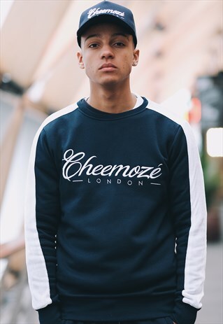 EMBROIDERED MIDNIGHT BLUE VELOUR STRIPE SWEATSHIRT