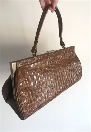 VINTAGE 1960S BROWN CROC ANIMAL SKIN EFFECT PRINT HANDBAG