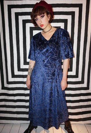VINTAGE 80S FLORAL BLUE CRUSHED VELVET MAXI DRESS