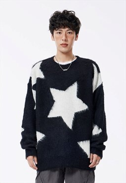 Fluffy sweater star print fleece knitted soft jumper black