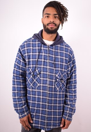 MENS VINTAGE LUMBERJACET HOODIE XL BLUE CHECK 90S