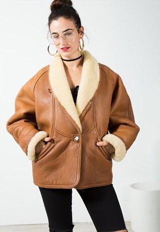 ON SALE VINTAGE 80'S LEATHER SHEEPSKIN COAT / S0122