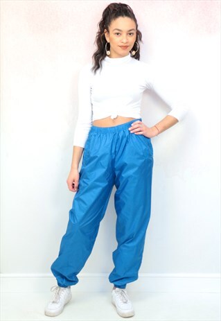 1990S VINTAGE BLUE SHELL TRACK JOGGER BOTTOMS