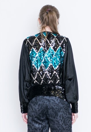 VINTAGE BLACK SHINY SEQUIN RETRO BLOUSE