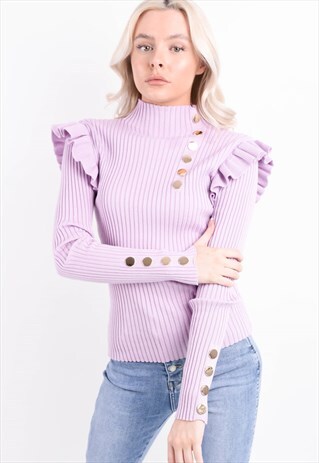 LILAC RIBBED FRILL TRIM BUTTON DETAIL TOP