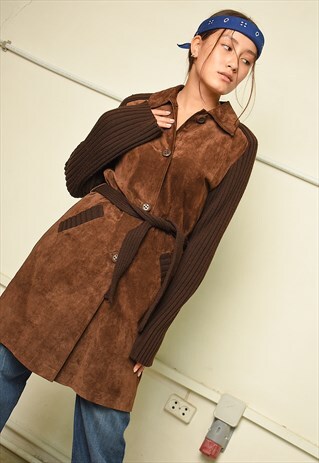 Y2K GENUINE SUEDE DETAILED RIBBED KNIT CARDIGAN JACKET