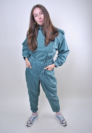 70S GREEN LIGHT SKI SUIT, VINTAGE WOMEN ONE PIECE SNOWSUIT